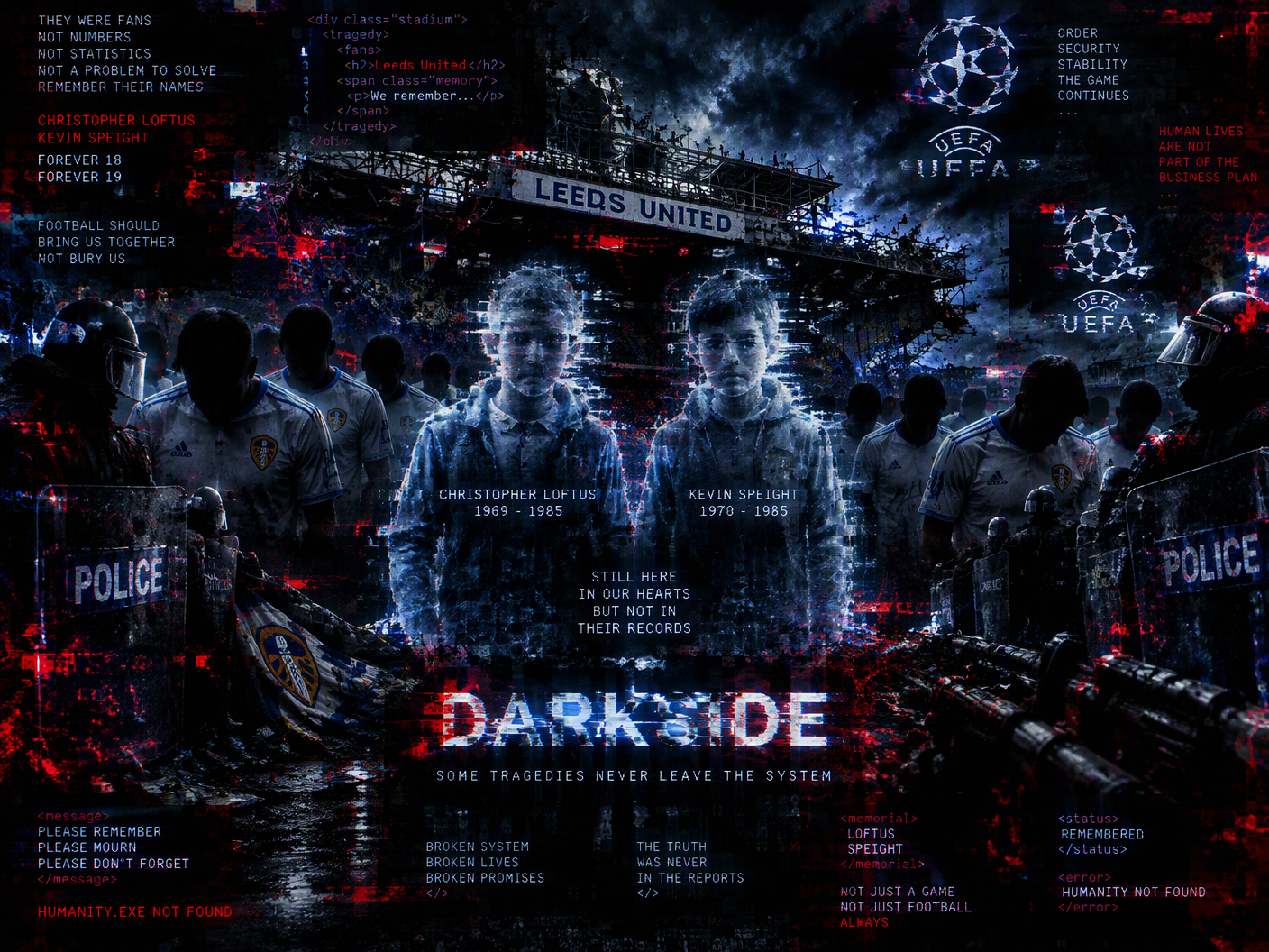 Dark glitch art showing ghostly figures of two Leeds fans lost in Istanbul, fragmented Leeds players overshadowed by police and corrupted UEFA symbols, all rendered in cold blues, blacks and red digital noise with broken text fragments and a flickering DARKSIDE logo.