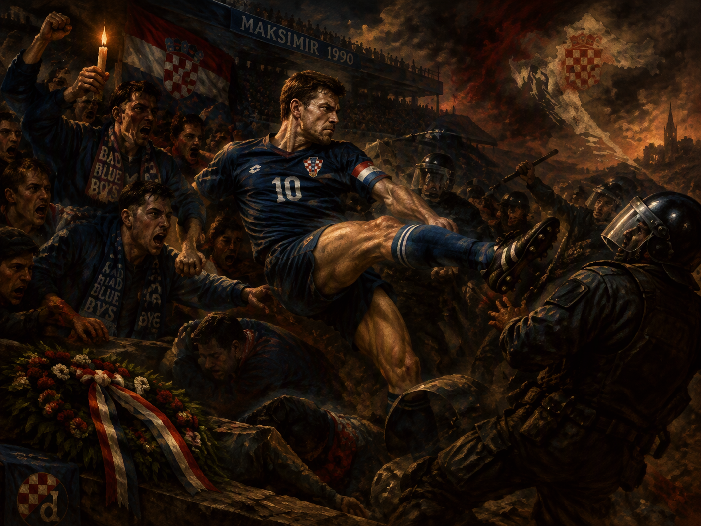 Baroque-style dramatic painting showing Dinamo Zagreb captain Zvonimir Boban kicking a police officer during the 1990 Maksimir stadium riot, surrounded by chaotic fans and police amid dark, theatrical lighting symbolizing conflict and national struggle.