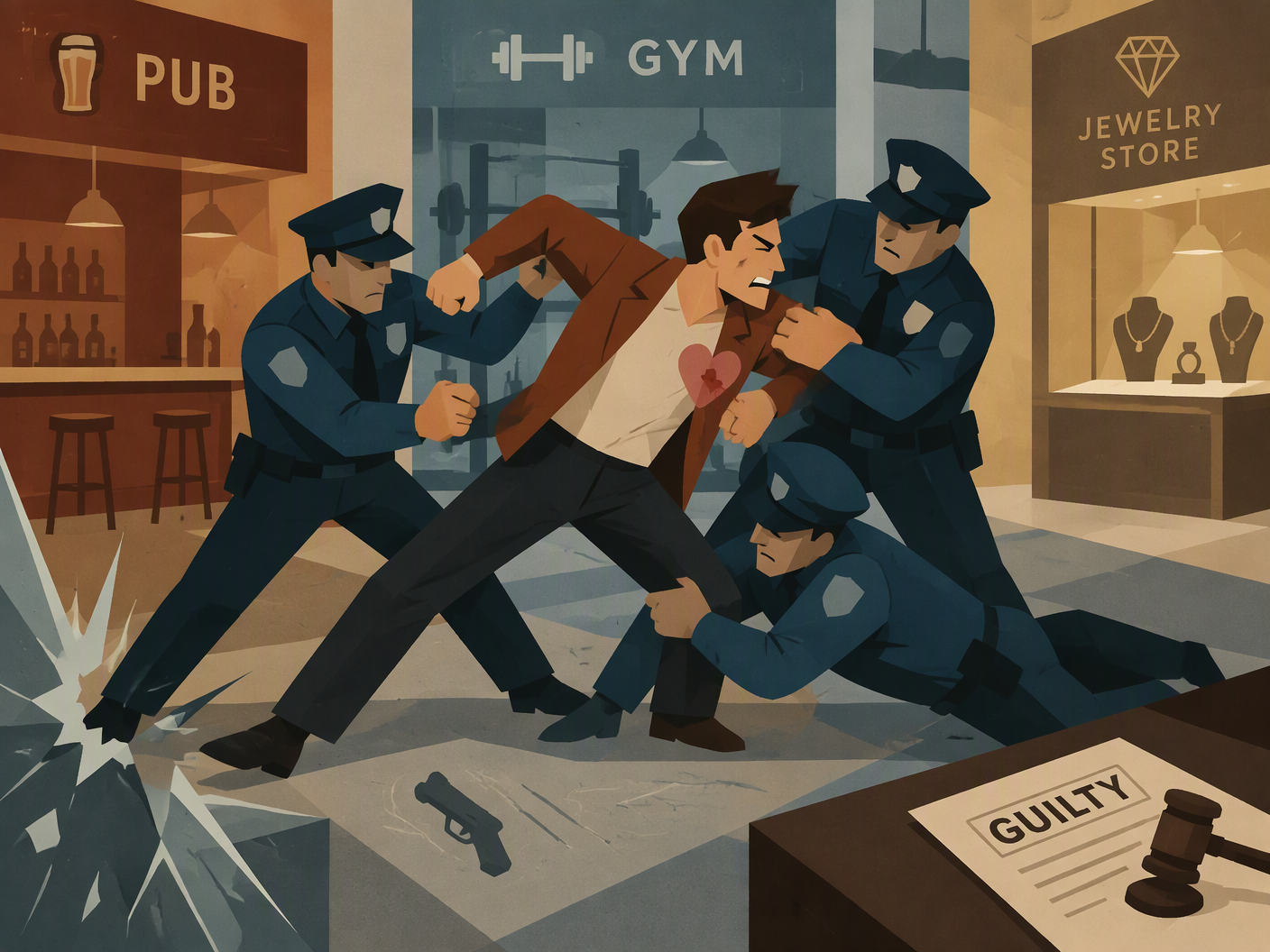 Mid-century modern illustration of a tense struggle between a man and three police officers in a simplified interior, with geometric figures and warm modernist colors symbolizing violence, injury, and legal consequences.