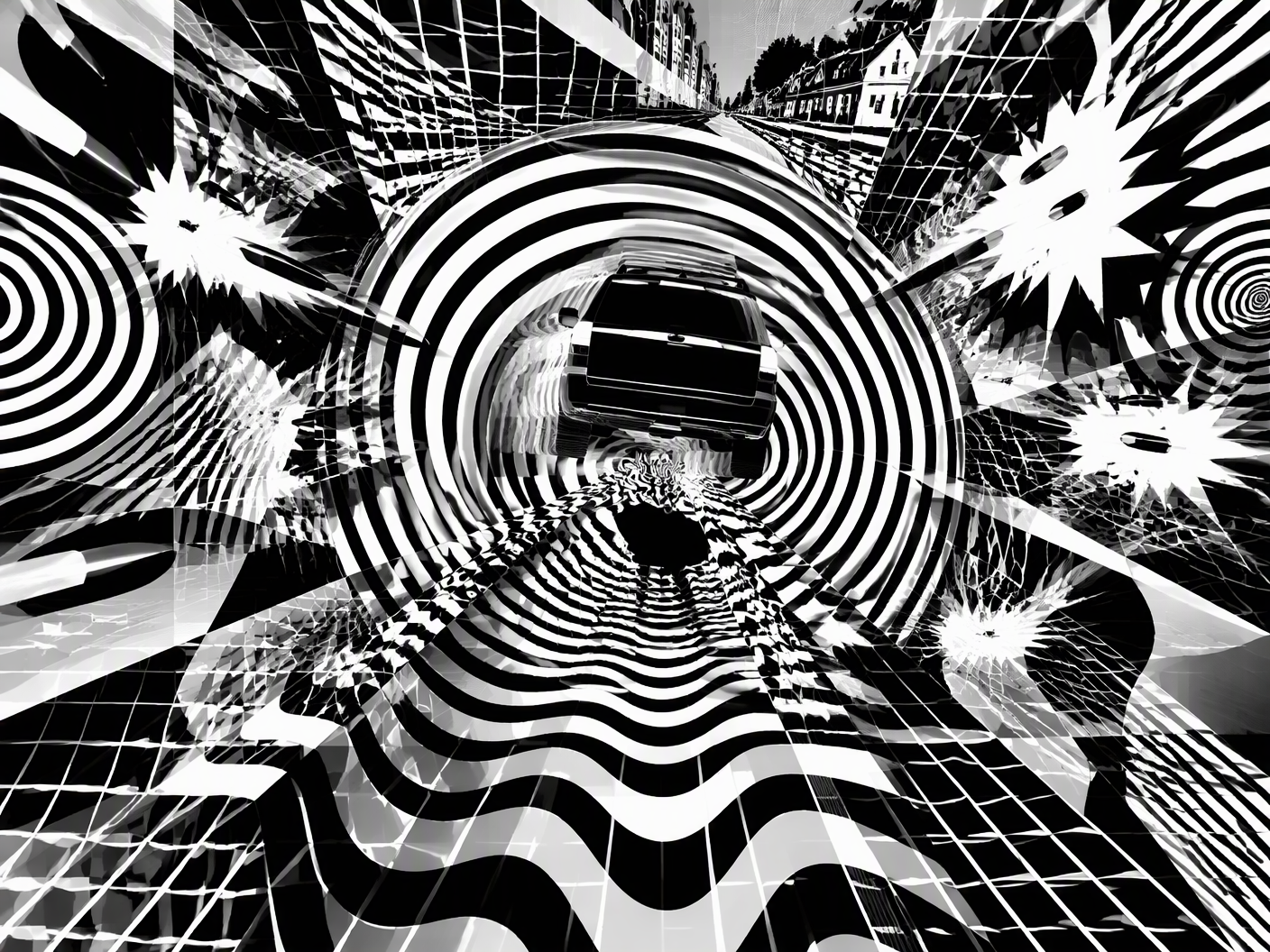 Black and white Op Art image with warped grids and concentric circles creating a vibrating, unstable visual field symbolizing chaotic motion and tension during the Watertown shootout.