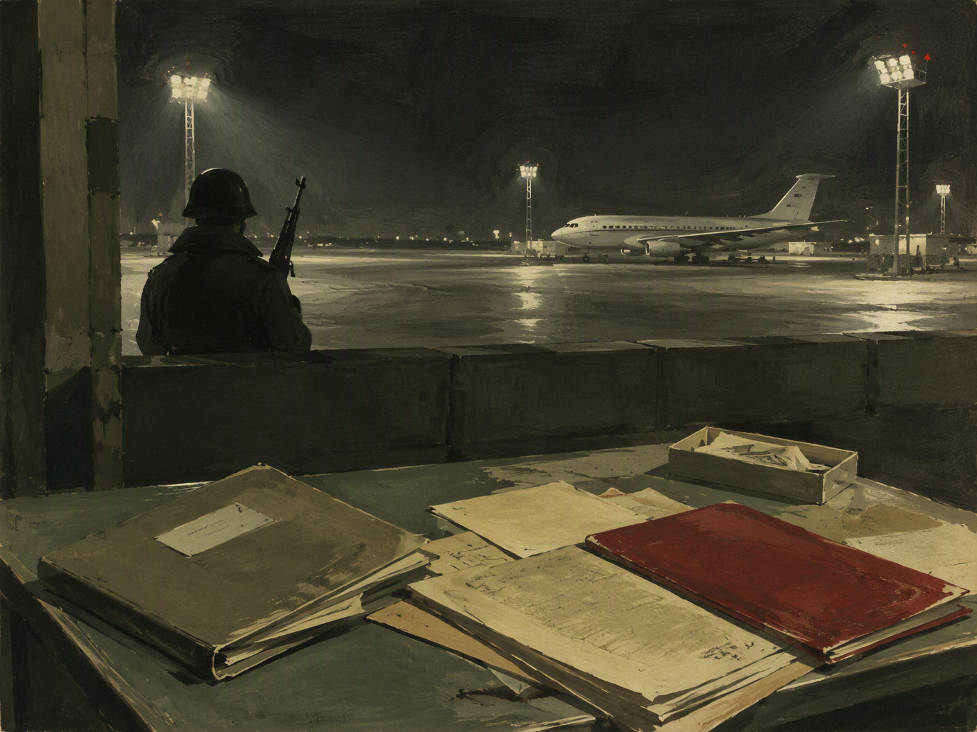 A painterly gouache-and-charcoal night scene at an airbase, showing a distant passenger aircraft, floodlights, a police barrier, and diplomatic folders on a metal table.
