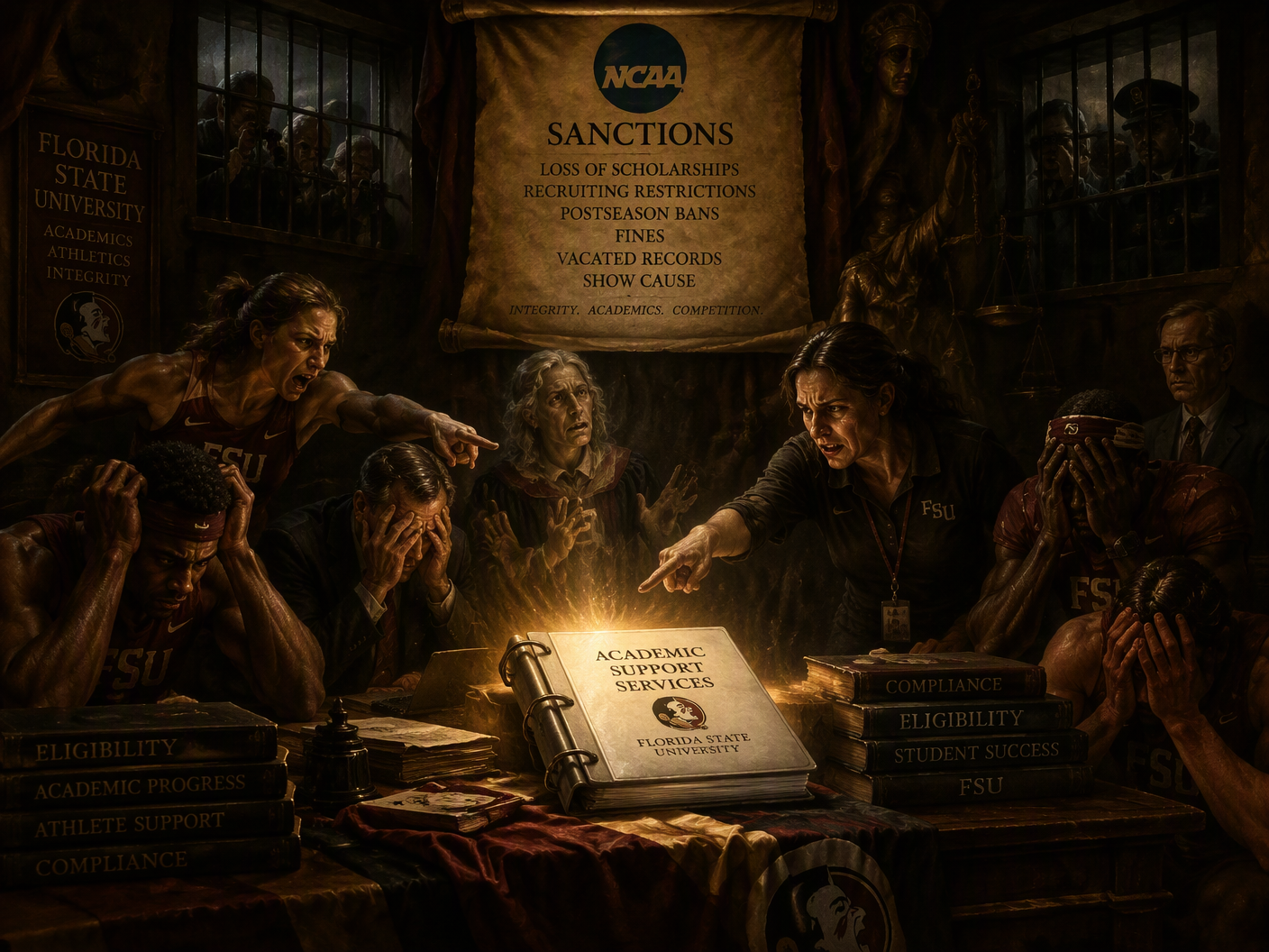 A Baroque-inspired dramatic scene showing a glowing binder at the center of an academic support office, surrounded by anguished figures of athletes and staff in chiaroscuro light, symbolizing the moral and institutional consequences of Florida State University’s music course cheating scandal.