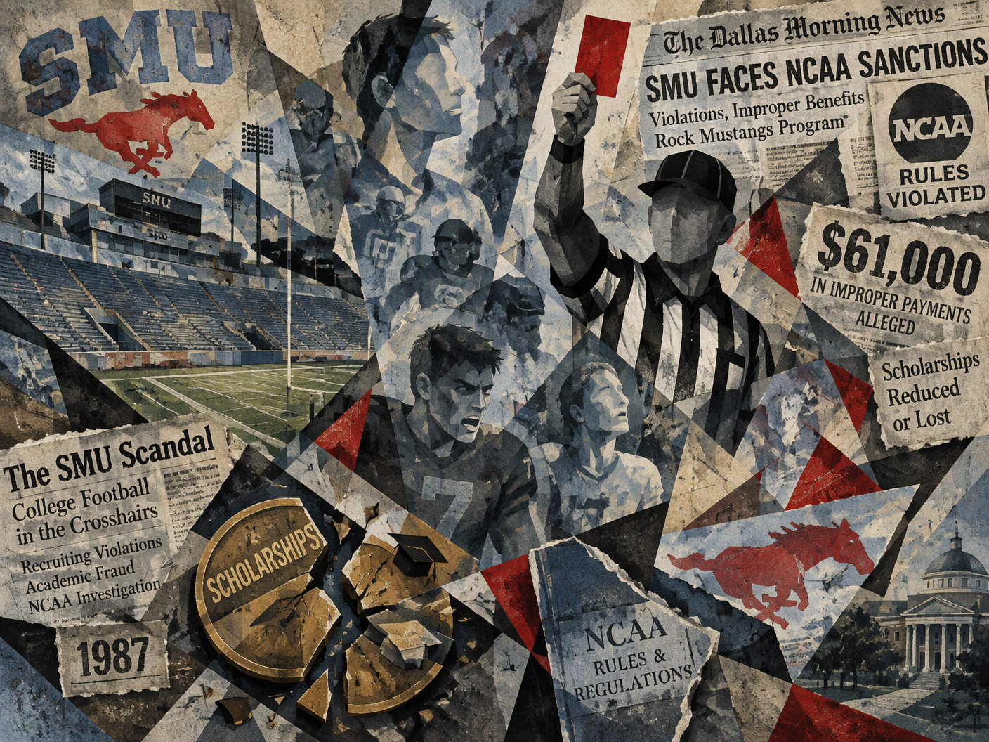 Cubist fractured composition showing empty college football stadium, broken symbols of scholarships and rules, ghostly confused athletes, and layered newspaper clippings about SMU’s NCAA sanctions.