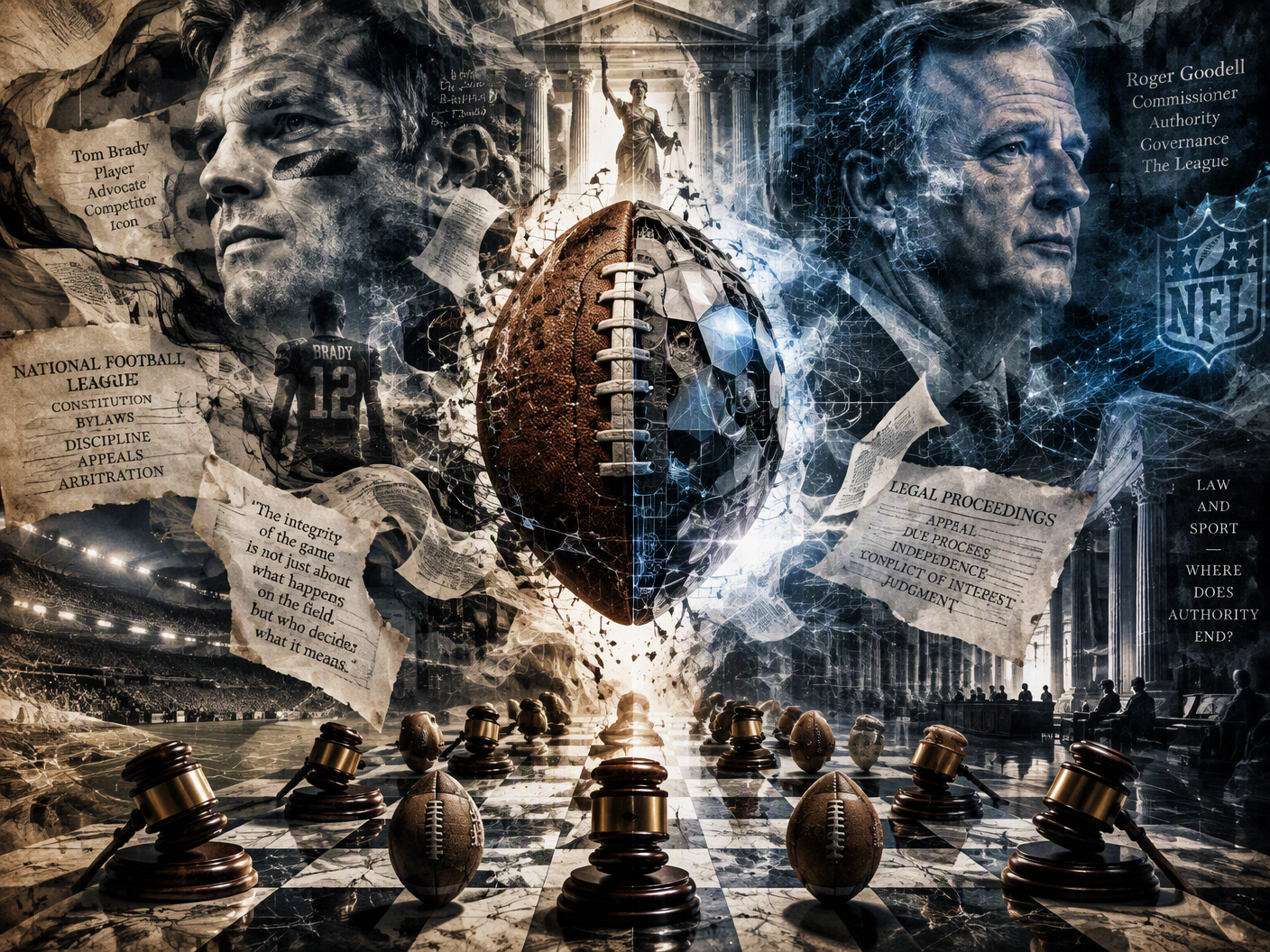 Surreal collage showing a fragmented football merging organic leather and geometric shapes, floating over a judge’s chessboard with gavels and footballs, surrounded by ghostly legal documents and abstract faces representing Tom Brady and Roger Goodell, set within a dissolving courtroom of spectral columns and digital mesh.