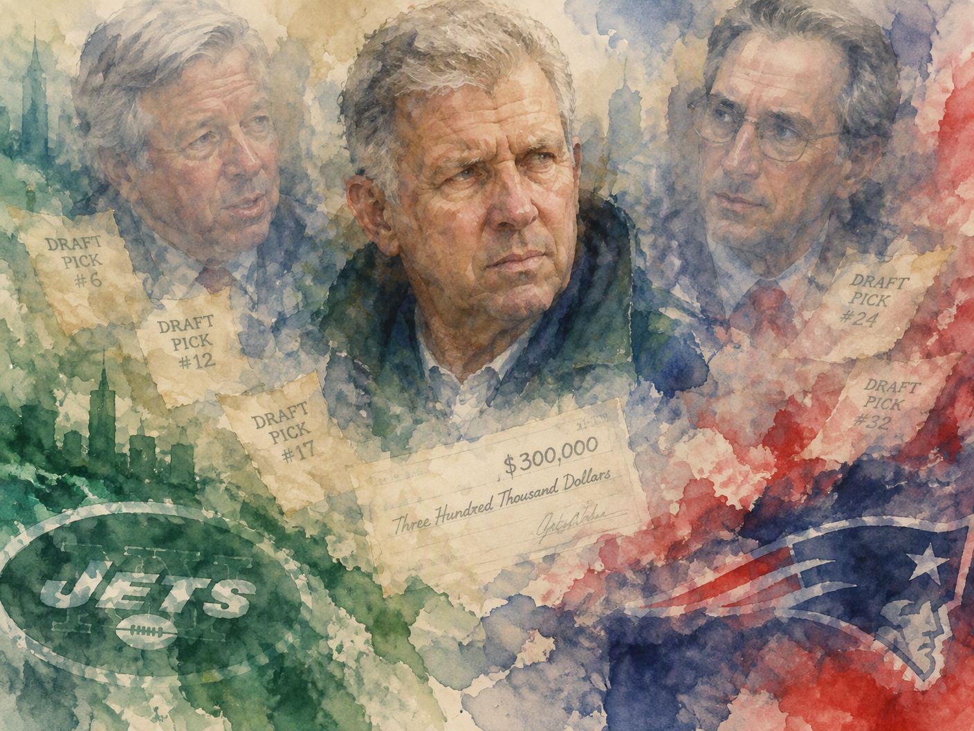 A watercolor expressionist landscape showing intimate, dissolving faces of Bill Parcells, Robert Kraft, and Paul Tagliabue surrounded by blurry blends of Jets green and Patriots navy and red. Faint, fading draft picks and a symbolic check float between them, evoking the fragile, contested deal that brought Parcells to the Jets’ sideline.