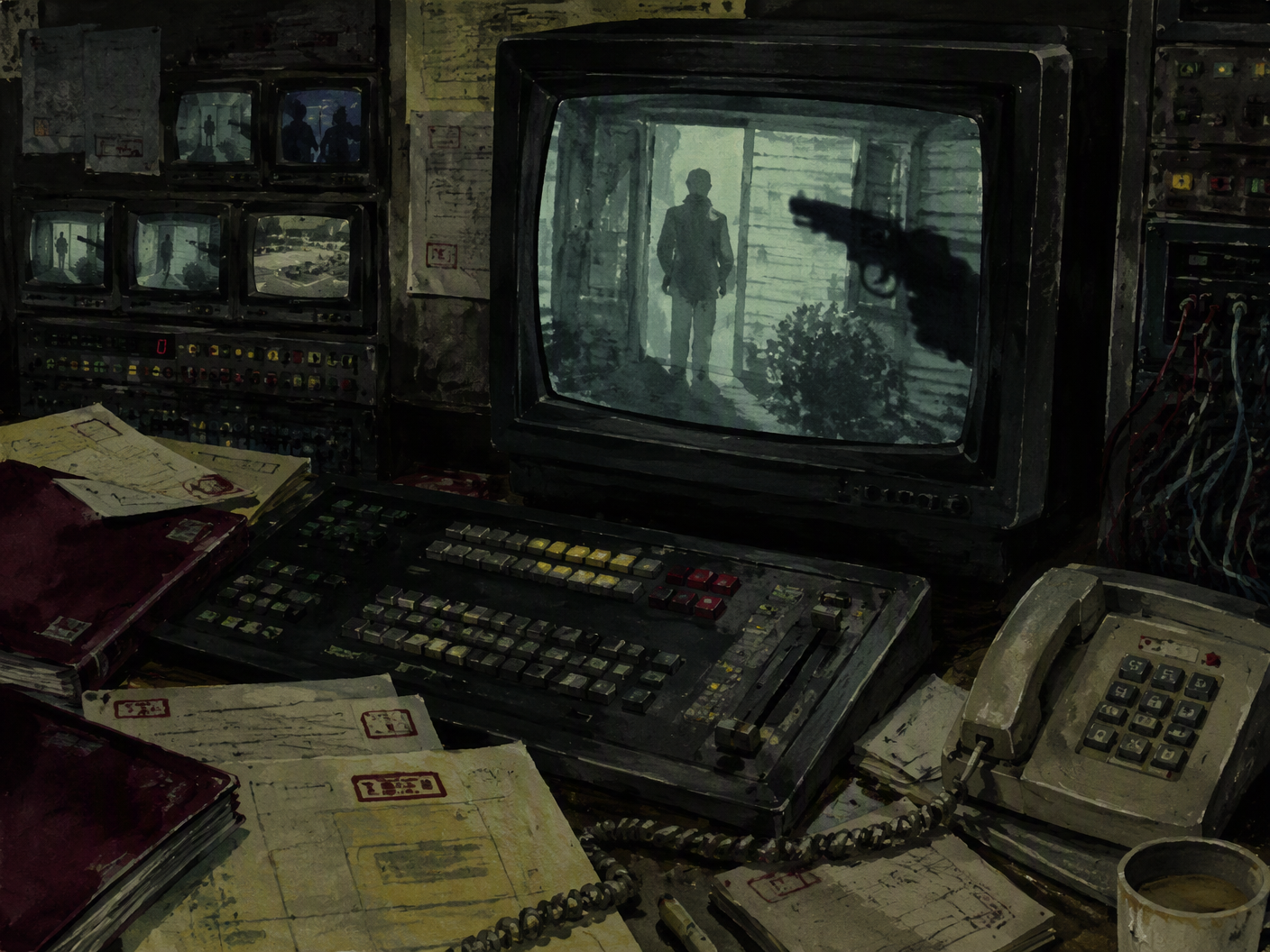 A textured gouache and charcoal illustration of a 1990s television control room shows an indistinct silhouette near a doorway on a glowing CRT, with a switcher, telephone, cables, and production papers in the foreground.