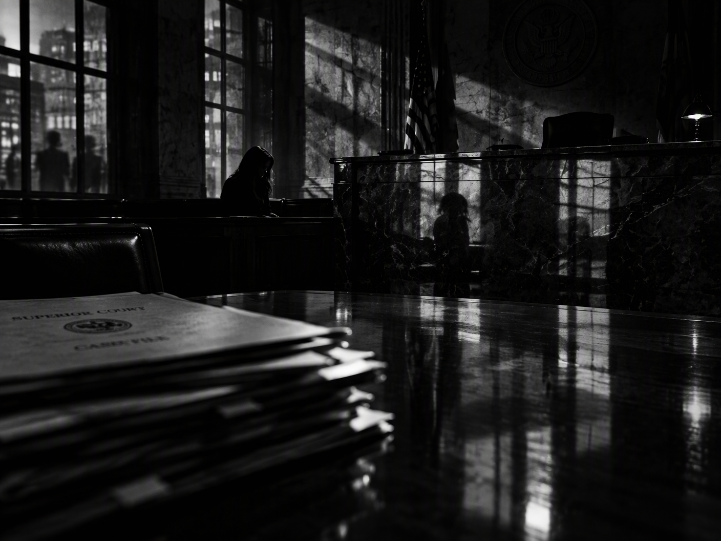 Abstract black-and-white courtroom scene with a shadowed female figure isolated in the distance, piles of court files on a polished table foregrounded, and stark light and shadow interplay symbolizing obscured justice and ambiguous truth.