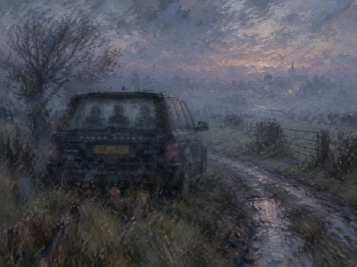 A misty Essex farm lane at twilight with a blurred Range Rover and ghostly figures inside, painted in soft blues and grays with impressionistic brushwork conveying a fleeting, uncertain moment.
