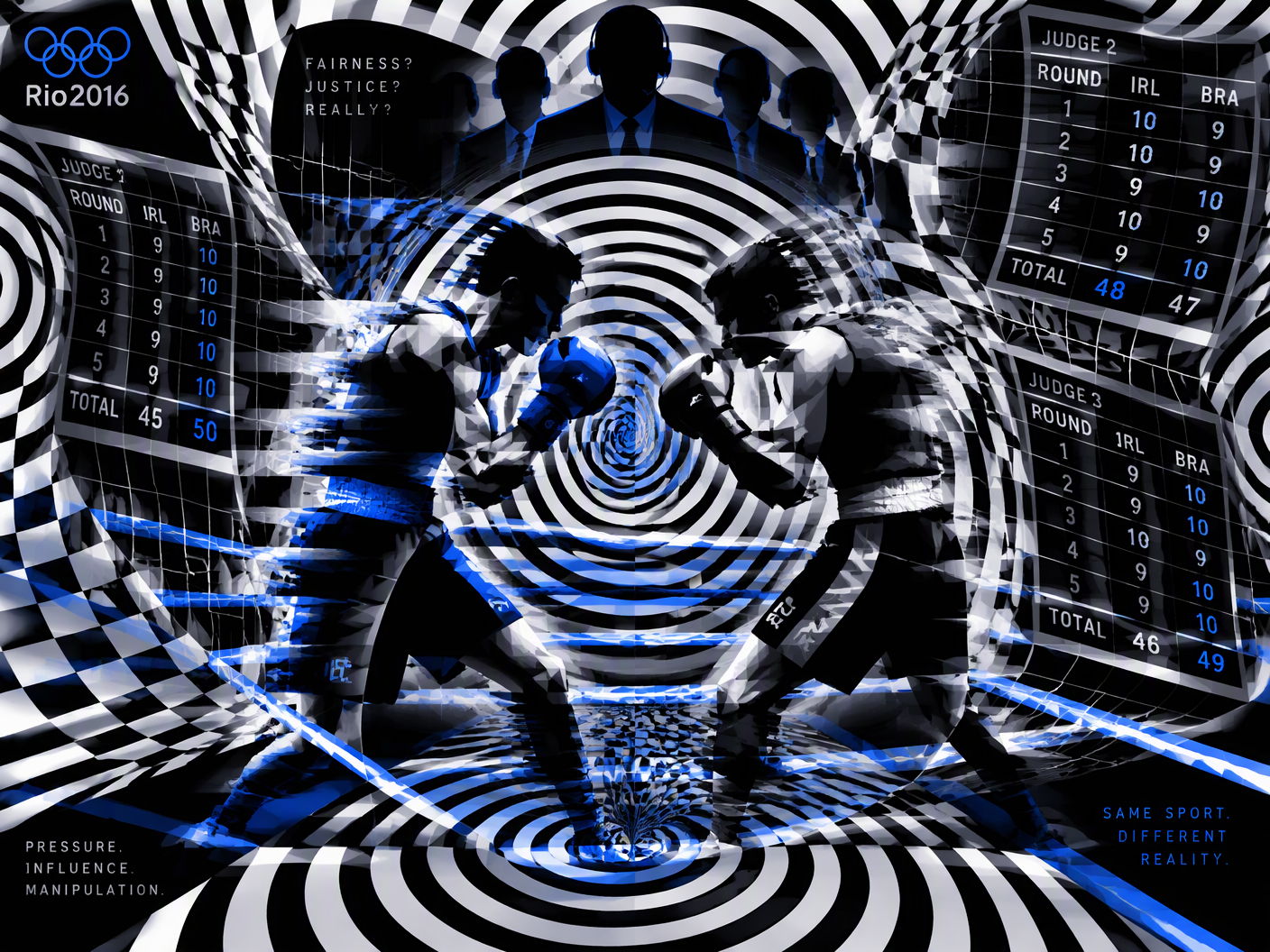 An abstract black-and-white Op Art composition with warped grids and concentric forms creates a vibrating, unstable backdrop. Two geometric boxer silhouettes face each other at the center, blurred and fragmented, with a distorted overlay of judging scorecards suggesting manipulation and corruption.