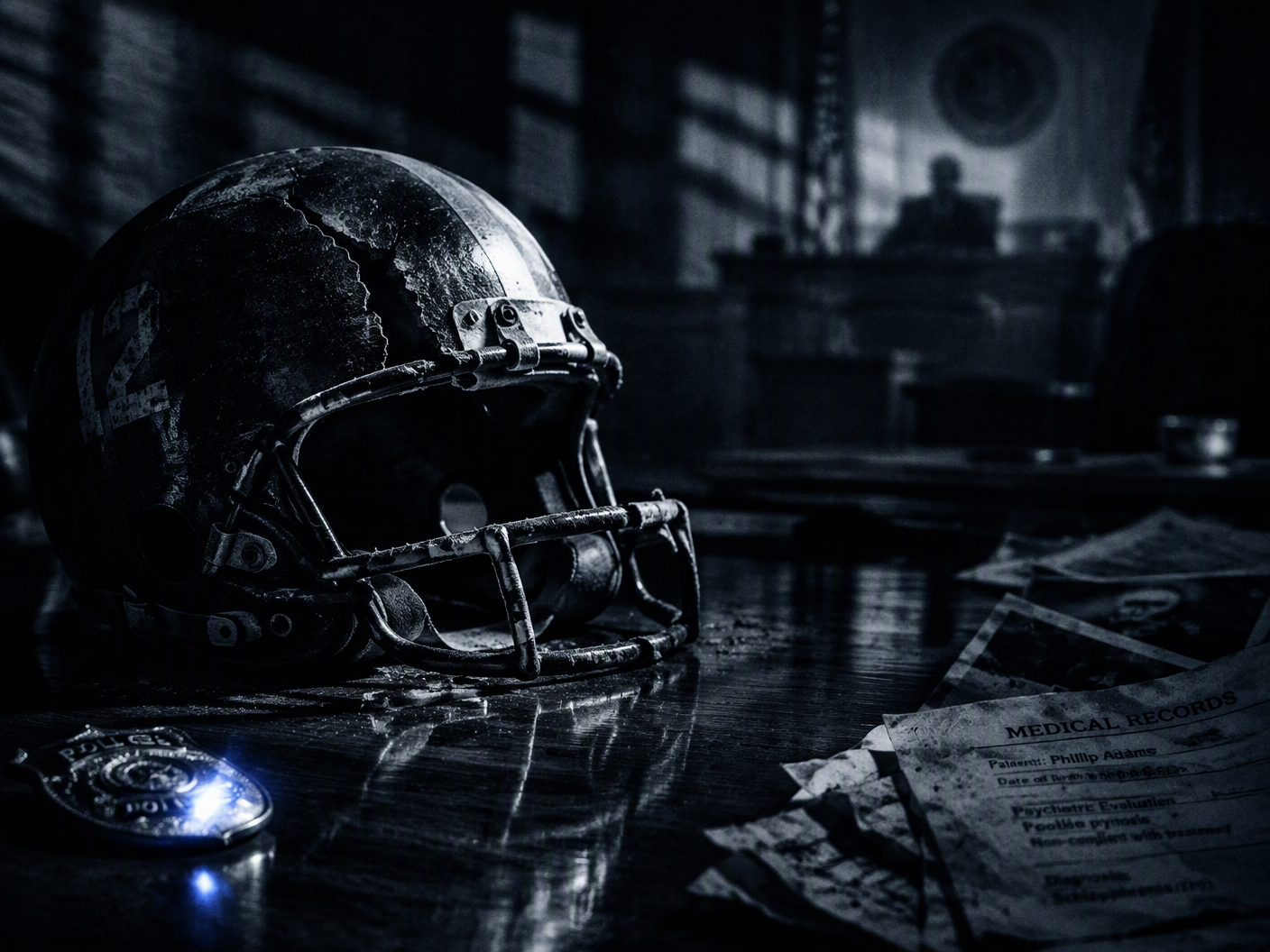 A cracked football helmet resting on a wooden table under harsh light, with deep shadows surrounding it. In the background, blurred courtroom imagery and faint police badge reflections create a noir atmosphere of mystery and unresolved tragedy.