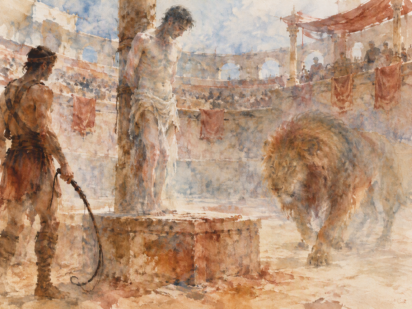 Watercolor expressionist painting of a restrained prisoner on a raised platform with a lion approaching and a whip-bearing figure nearby, rendered with soft, dissolving edges and transparent layers in earthy terracotta and muted tones, capturing the tense moment before an execution in a Roman arena.