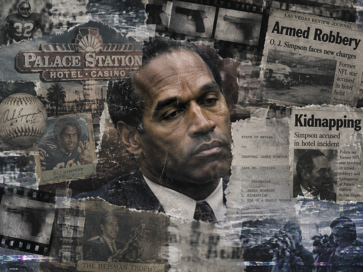 Photo collage showing a grainy, close-up portrait of O. J. Simpson layered with torn casino sign cutouts, blurred images of sports memorabilia, handgun silhouettes, and faded newspaper headlines about his Nevada armed robbery trial, evoking a fractured public myth.