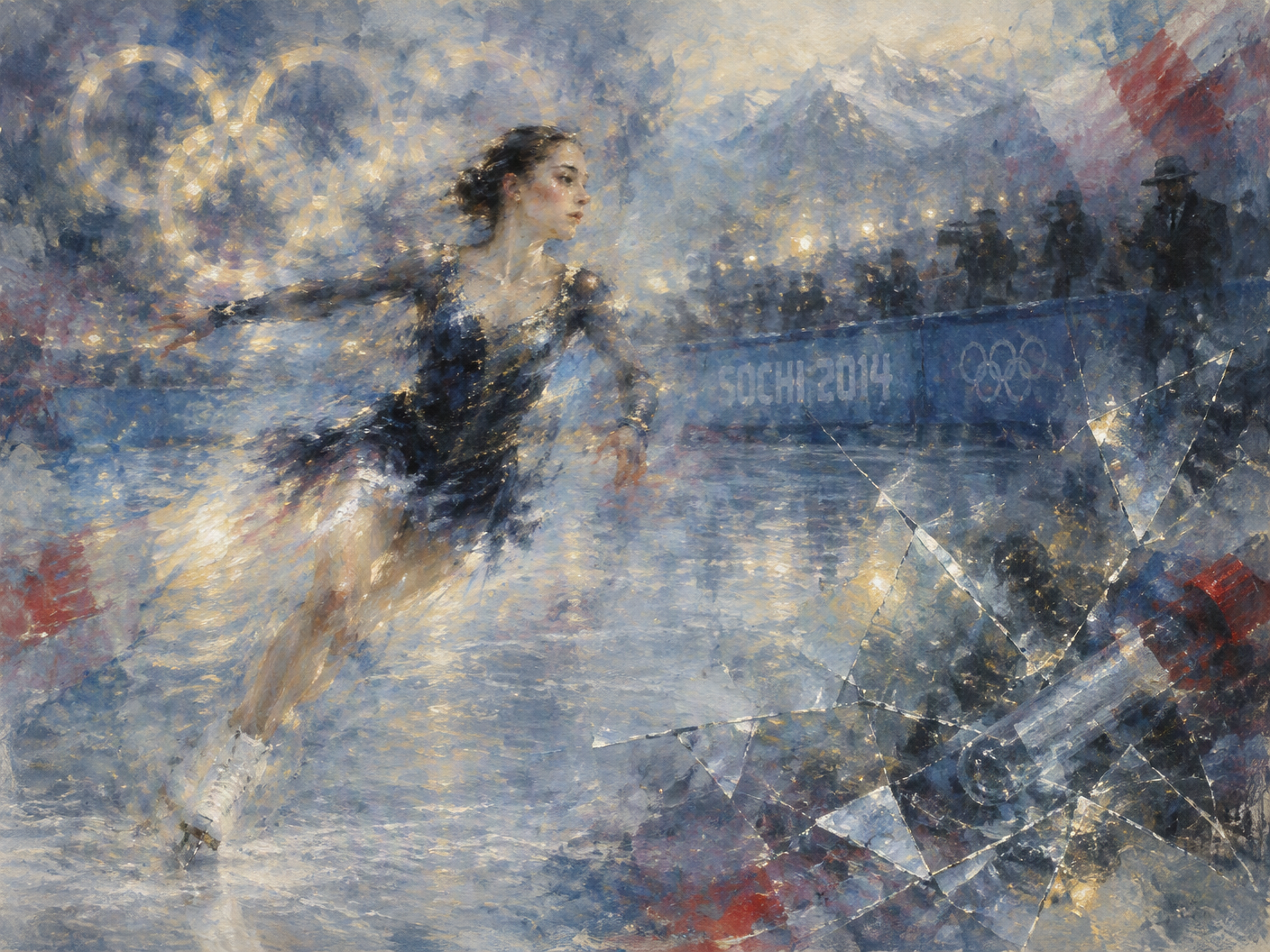 Impressionist painting of a female figure skater in motion at the Sochi Olympics, surrounded by hazy Olympic rings and cracked glass fragments, symbolizing the controversy and fleeting nature of doping allegations.