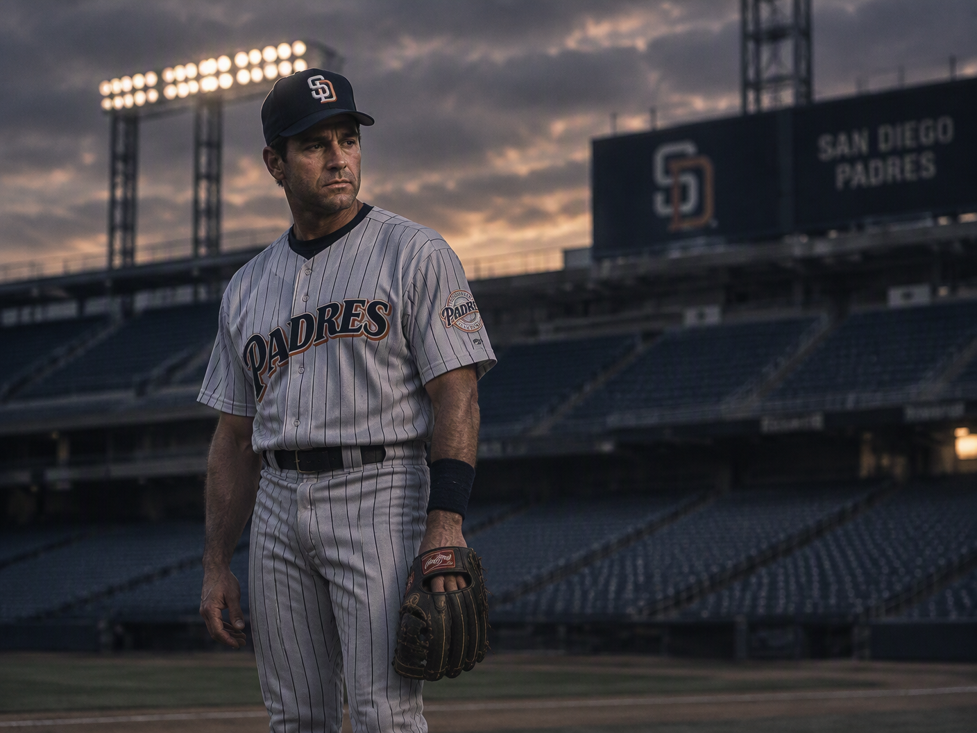 Ken Caminiti in a 1990s San Diego Padres uniform standing alone in an empty baseball stadium under dim stadium lights, holding a baseball glove with a somber expression, symbolizing his career and personal struggles.