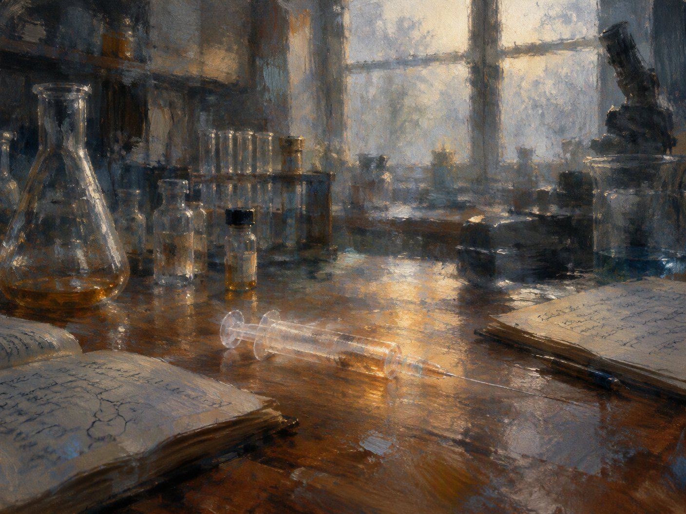 An impressionistic view of a laboratory with a softly lit syringe on a table surrounded by glassware, painted with broken brushwork and hazy light, conveying the fleeting moment of a breakthrough in detecting the steroid THG.