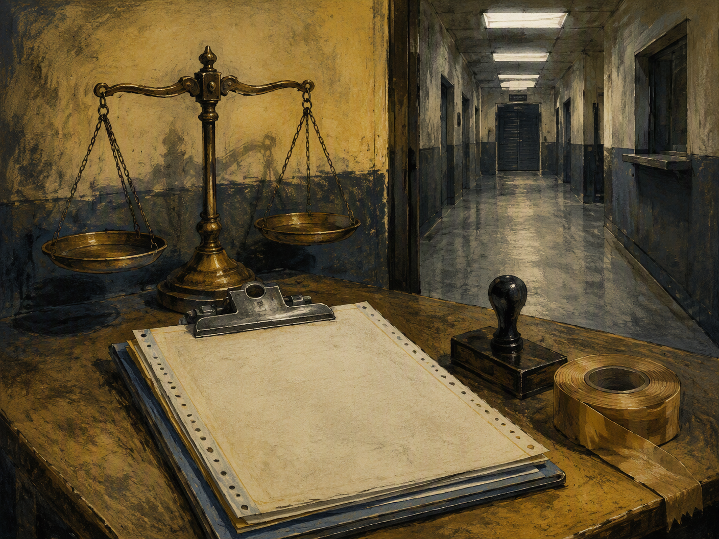 Gouache and charcoal illustration of a brass inspection scale, commission forms, official stamps, and sealed evidence tape at a regulatory inspection station under cold institutional light.