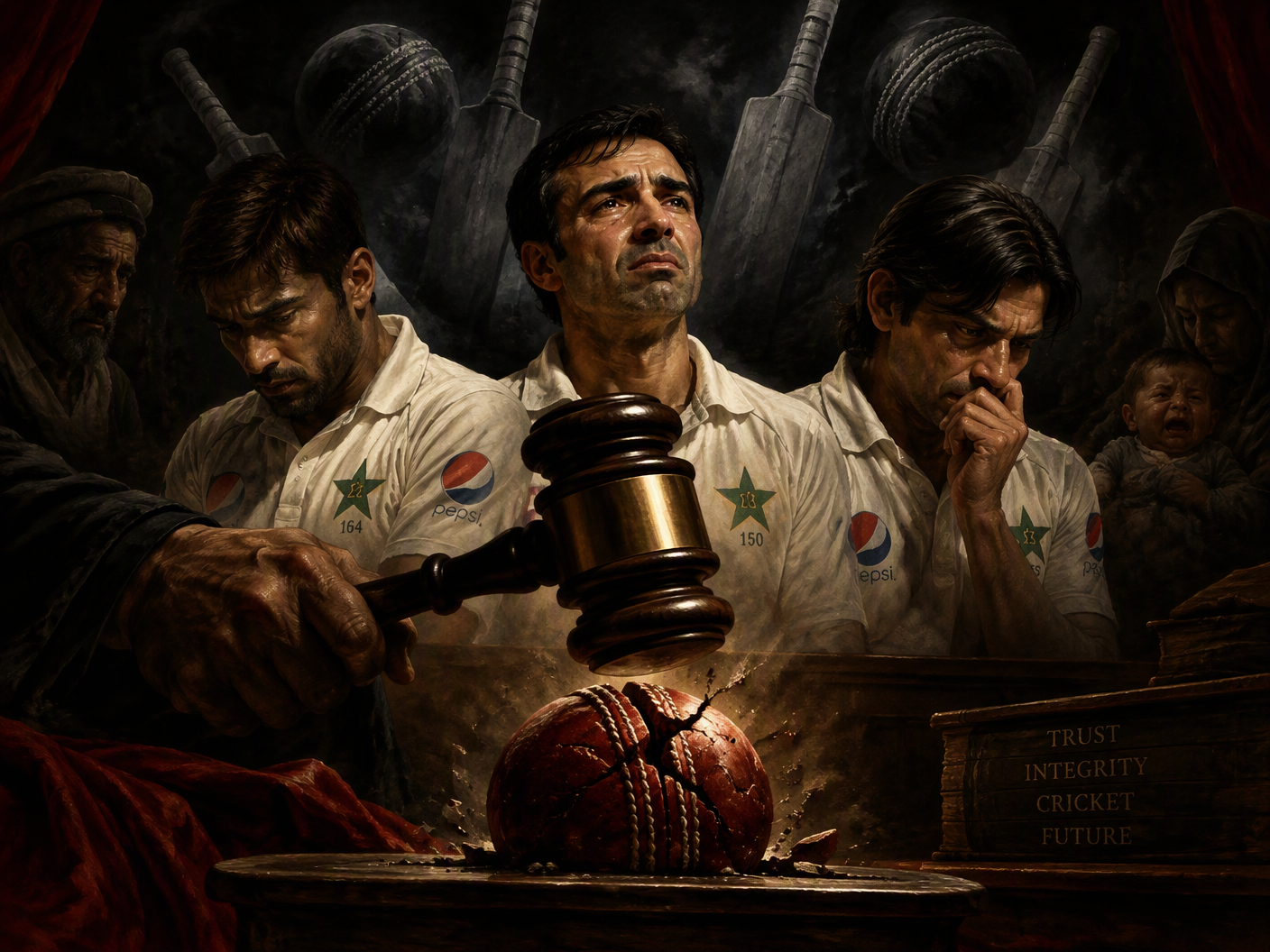 Baroque-inspired courtroom scene depicting three Pakistani cricketers in white uniforms under dramatic spotlight, surrounded by symbolic cricket bats and balls, a judge's gavel above a cracked cricket ball, and shadowy observers in mourning, conveying the moral gravity of the 2010 spot-fixing scandal.