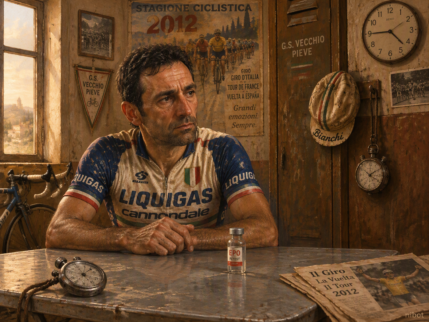 A middle-aged cyclist wearing a vintage jersey sits alone at a folding table in a sunlit locker room, looking contemplative. On the table is a vial labeled for doping retesting, with old cycling memorabilia and a clock in the background, symbolizing delayed justice and lost years.