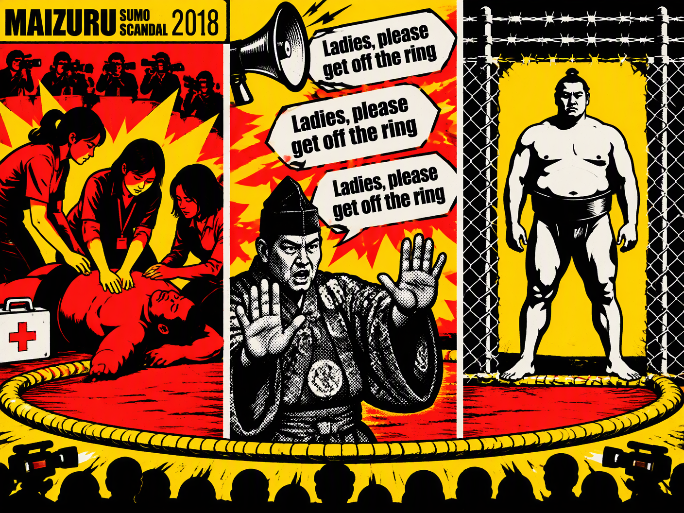 Pop Art style triptych showing women giving first aid in a sumo ring, a loudspeaker with exclusion announcements, and a sumo wrestler symbolizing tradition, rendered in bold reds, blacks, and yellows with graphic text bubbles and halftone patterns.
